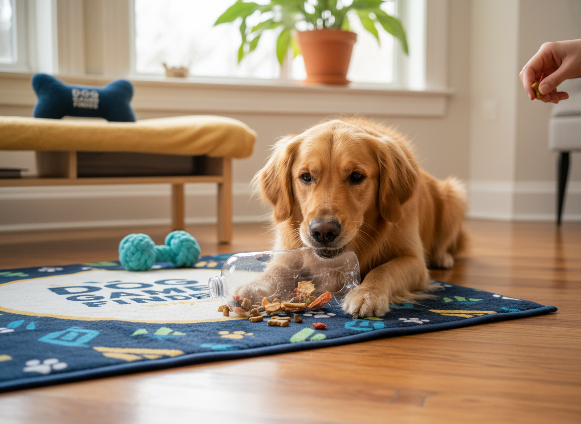 Dog nudging a safe treat bottle puzzle on the floor.