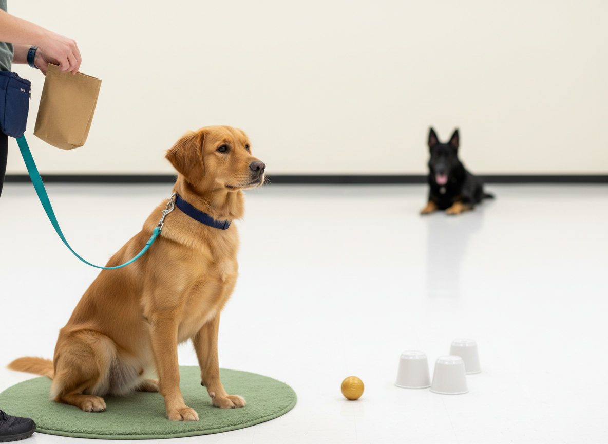 Dog practicing engage-disengage at a safe distance from another dog.