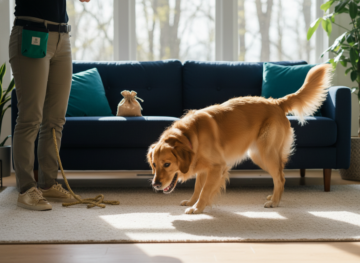Owner hiding behind a sofa while a dog searches happily.