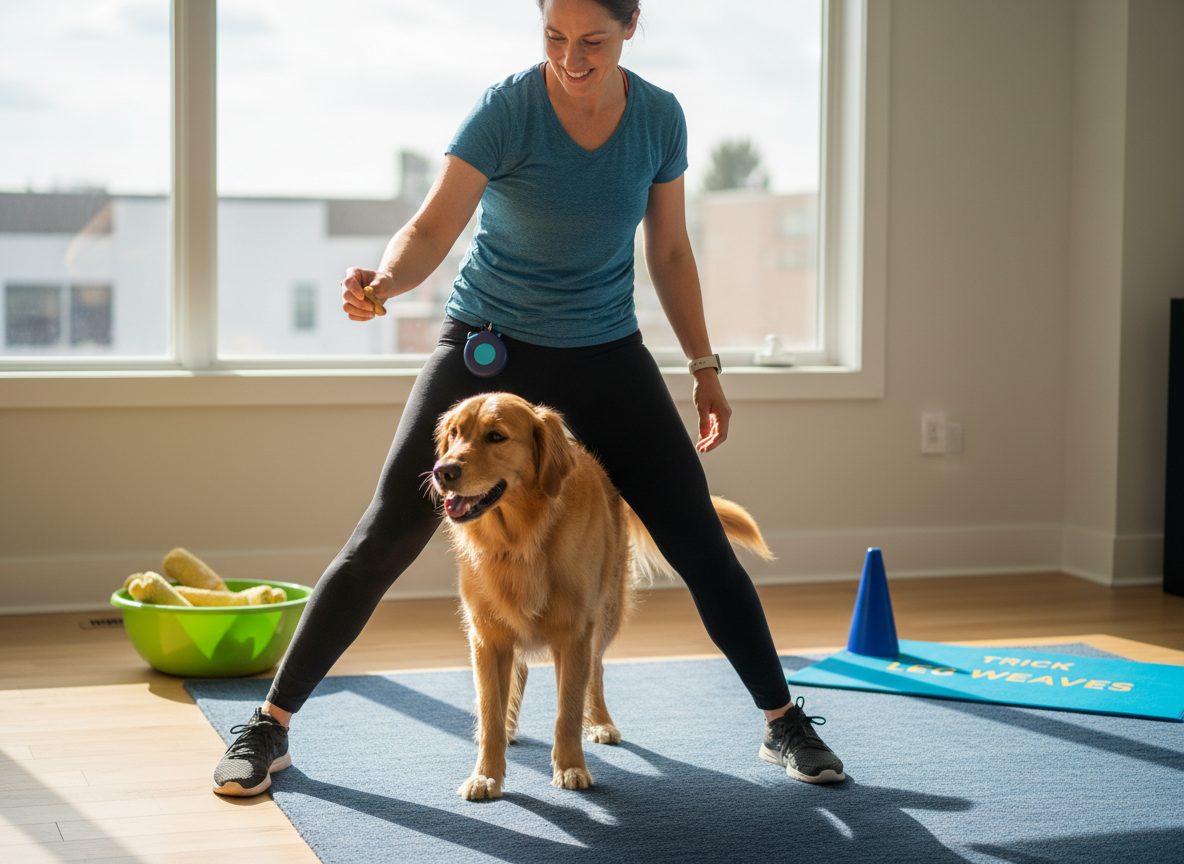 Dog weaving slowly through an owner's legs during trick training.