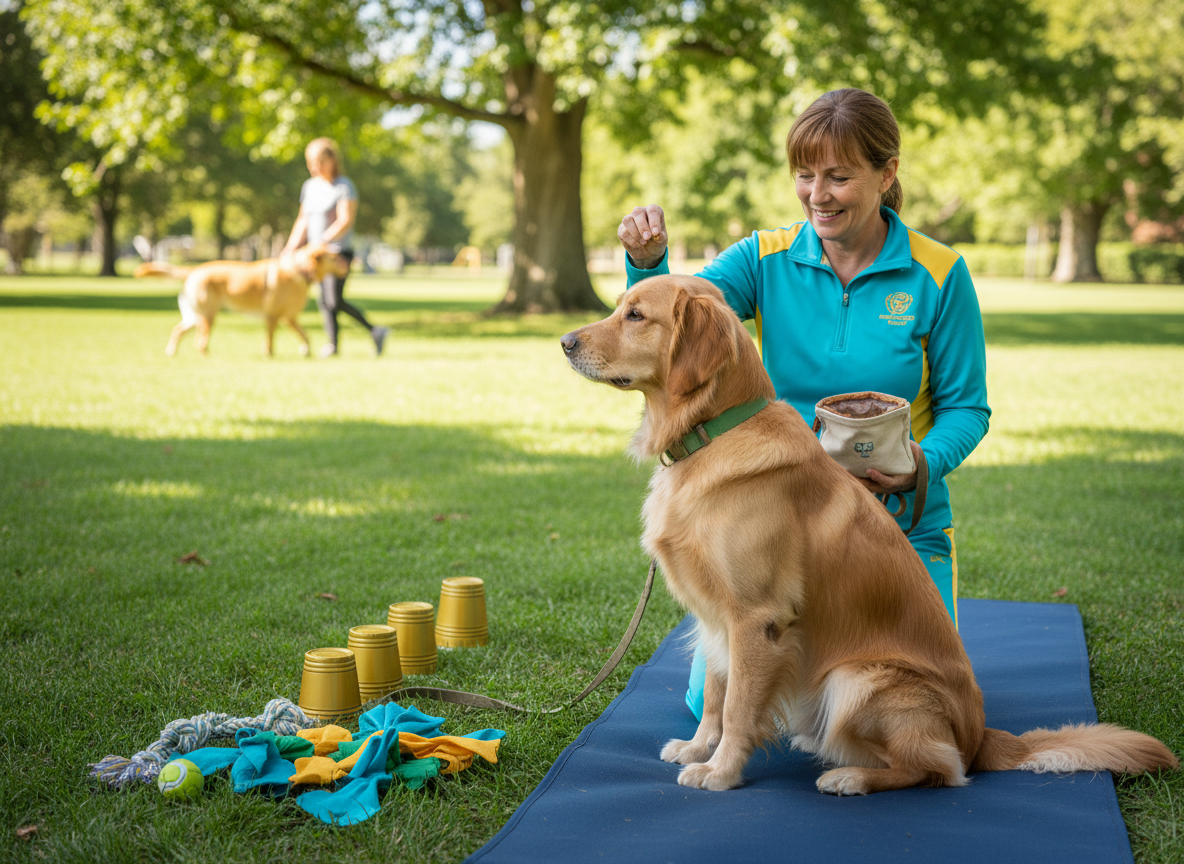 Dog calmly noticing another dog at a safe distance during training.
