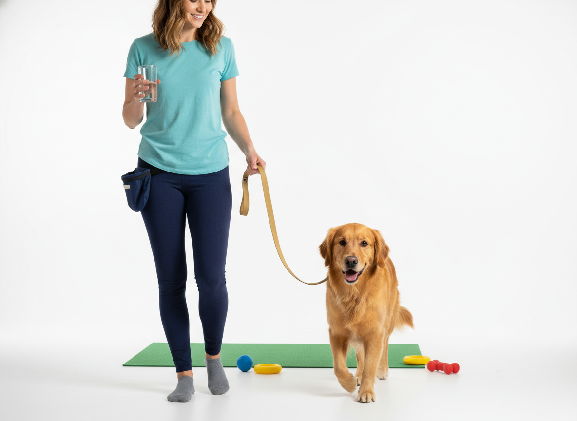 Owner practicing loose leash walking while holding a cup of water.