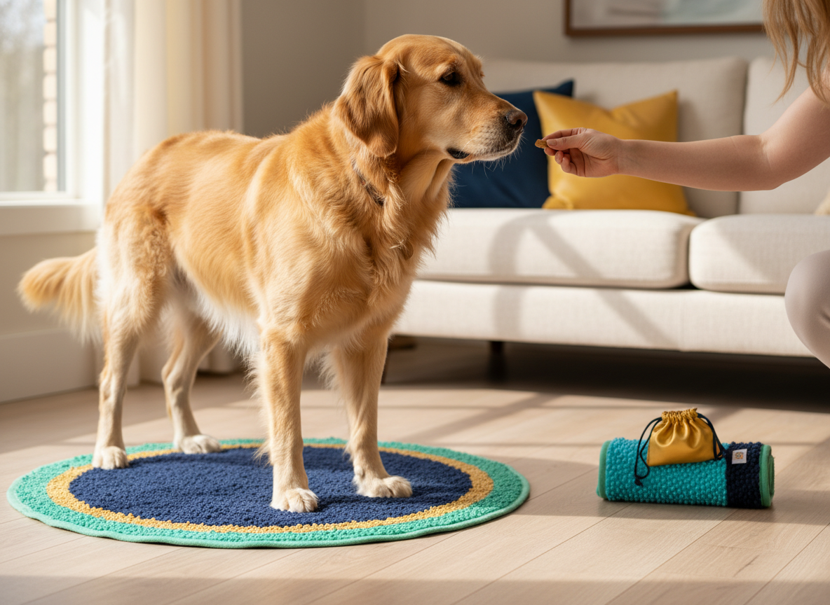 Dog standing calmly on a training mat in a home.