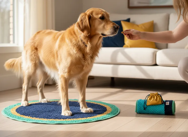 Illustration of a dog standing on a floor mat as an owner offers a reward.
