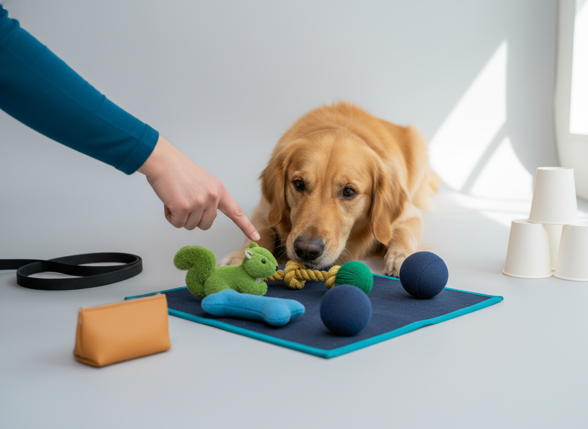 Dog choosing a named toy from a small group of toys.