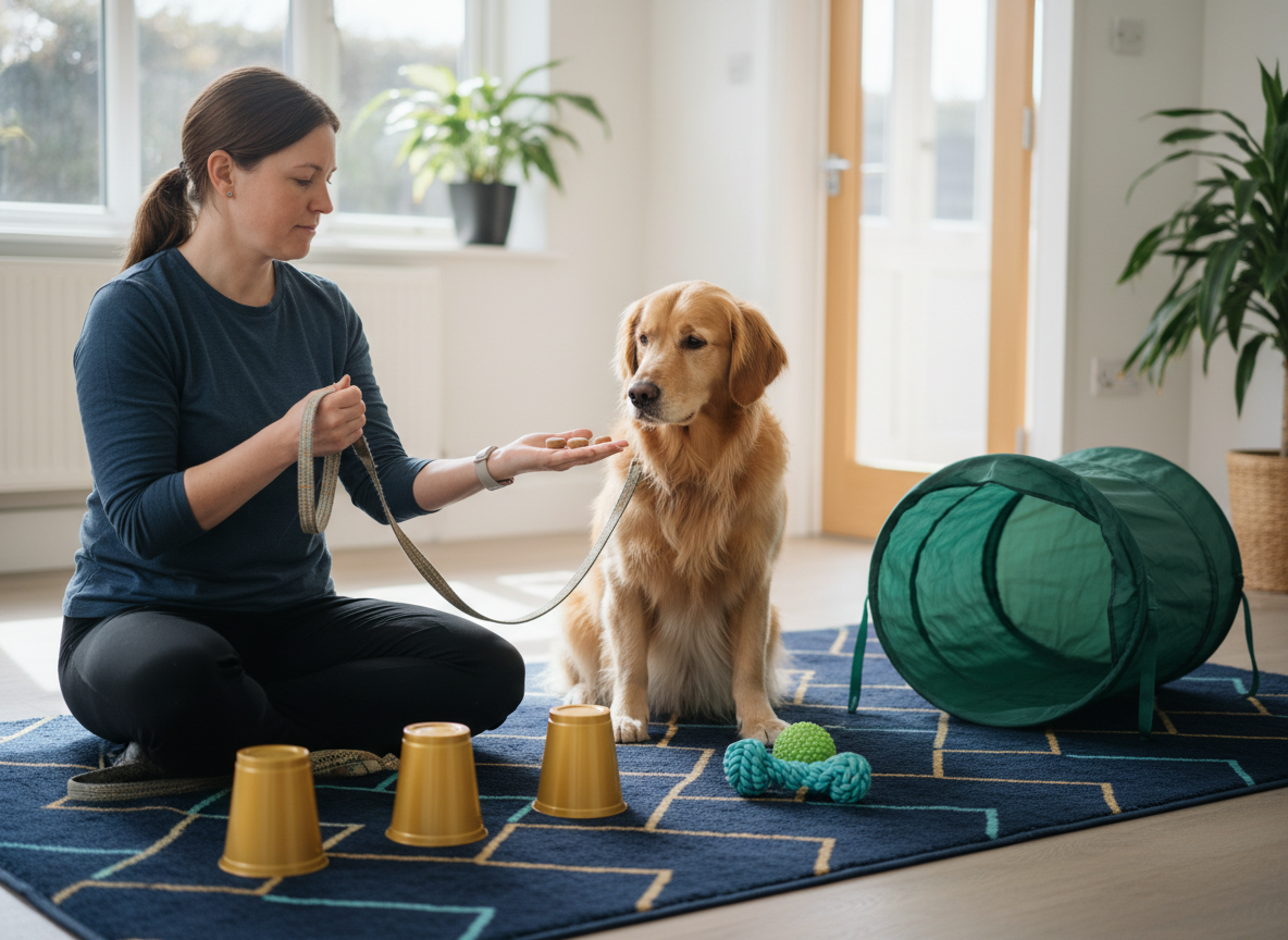 Handler counting a 1-2-3 treat pattern with a dog on leash.