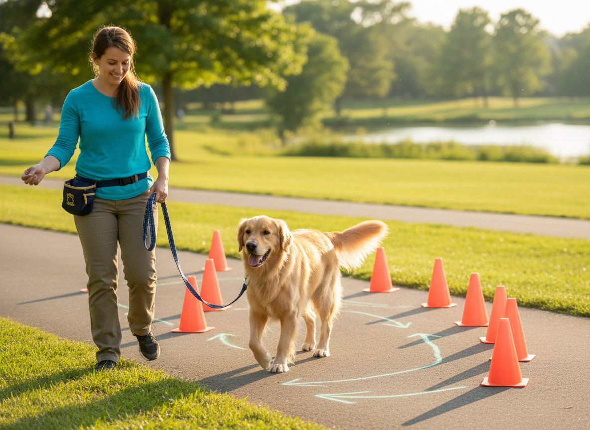 Dog following an owner through cone serpentines on a loose leash.