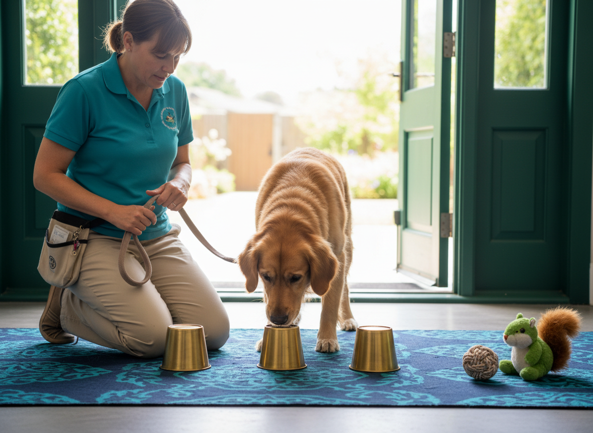 Dog choosing between three cups in a shell game.