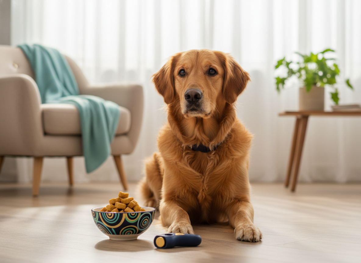 A small bowl of counted training treats beside a calm dog.