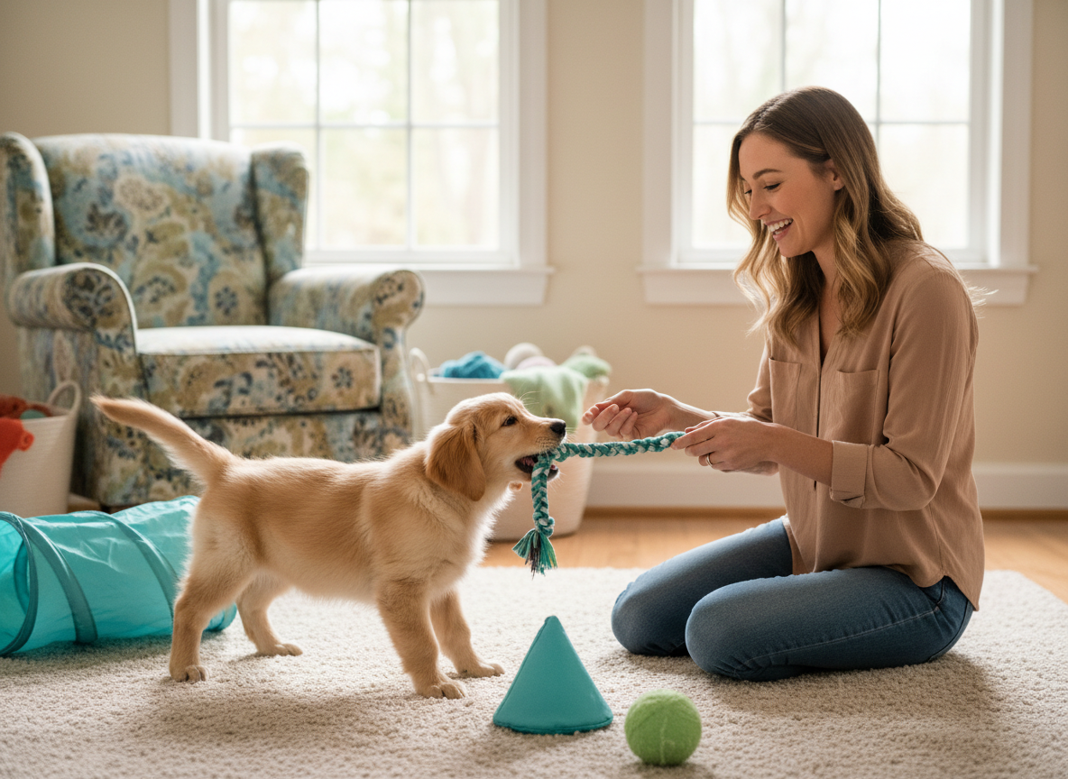 Puppy redirecting biting into a toy during play.
